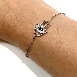 Silver Hamsa Evil Eye Bracelet Blue CZ Charm Dainty Adjustable Boho Gift